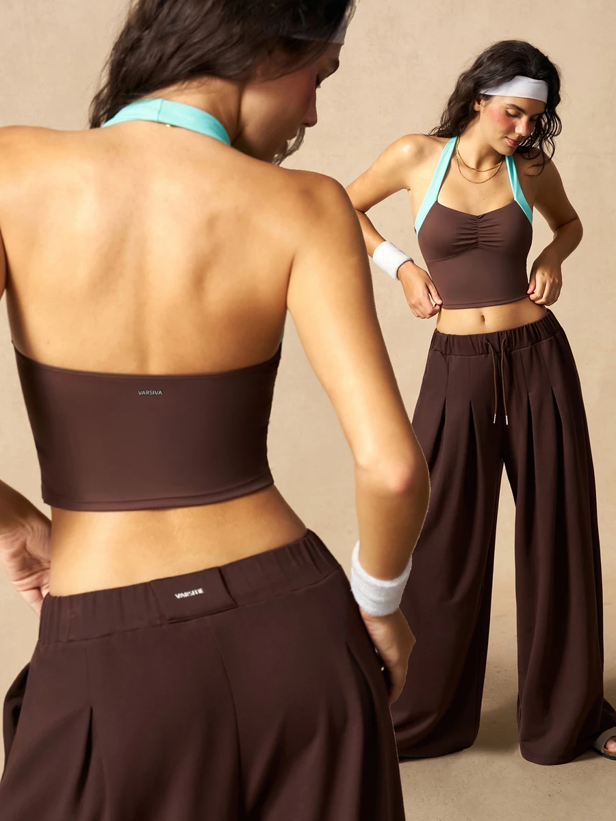 VARSIVA Women's Colorblock Ruched Casual Daily Halter Neck Sports Bra