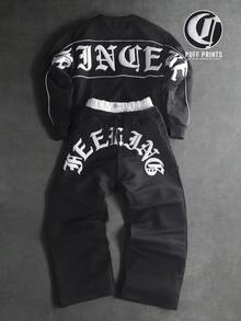 PAVTROS Men's Letter Embossed Long Sleeve Sweatshirt And Sweatpants Casual Set - Black - View 1