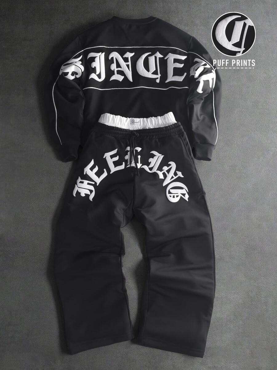 PAVTROS Men's Letter Embossed Long Sleeve Sweatshirt And Sweatpants Casual Set - Black - View 1