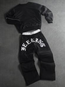 PAVTROS Men's Letter Embossed Long Sleeve Sweatshirt And Sweatpants Casual Set - Black - View 2