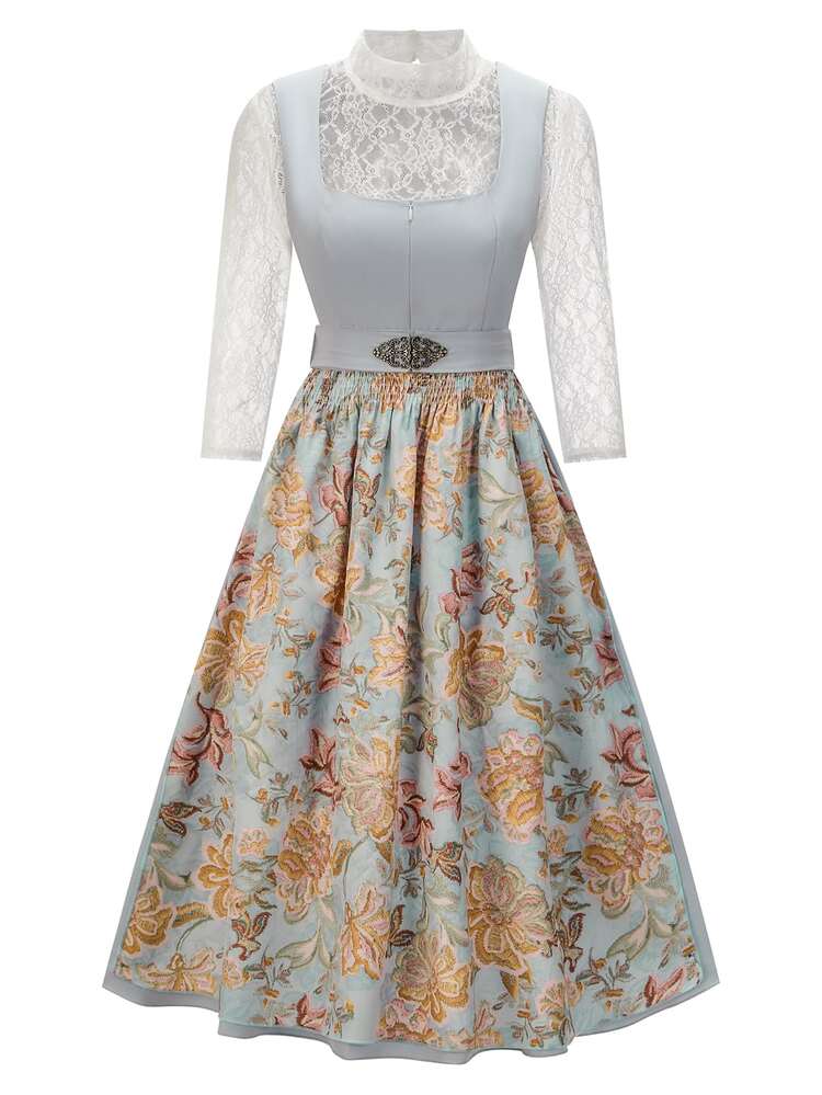 Fairmaia German Traditional Women's Lace Long Sleeve Top And Jacquard Dirndl Dress Set Oktoberfest Party Formal White Blue And Yellow Summer Cultural