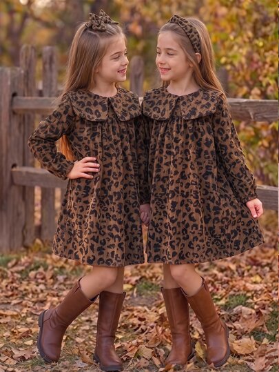 SHEIN Elladie kids 1 шт. стильное платье для девочки на весну/осень, из вельвета с леопардовым принтом, темно-коричневое, с воротником, длинными рукавами, свободного кроя, платье-куколка принцессы, для повседневной носки, путешествий, отпуска и вечеринок