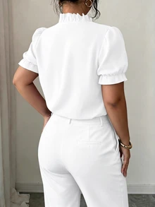 Elenzga Plus Size Elegant Solid Color Turndown Collar Blouse For Commuting - White - View 2