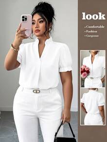 Elenzga Plus Size Elegant Solid Color Turndown Collar Blouse For Commuting - White - View 1