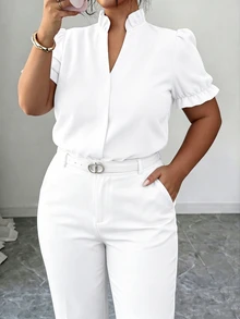 Elenzga Plus Size Elegant Solid Color Turndown Collar Blouse For Commuting - White - View 3