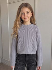 SHEIN 女童秋冬時尚簡約厚針織長袖套頭上衣 - 彩色 - 查看 2