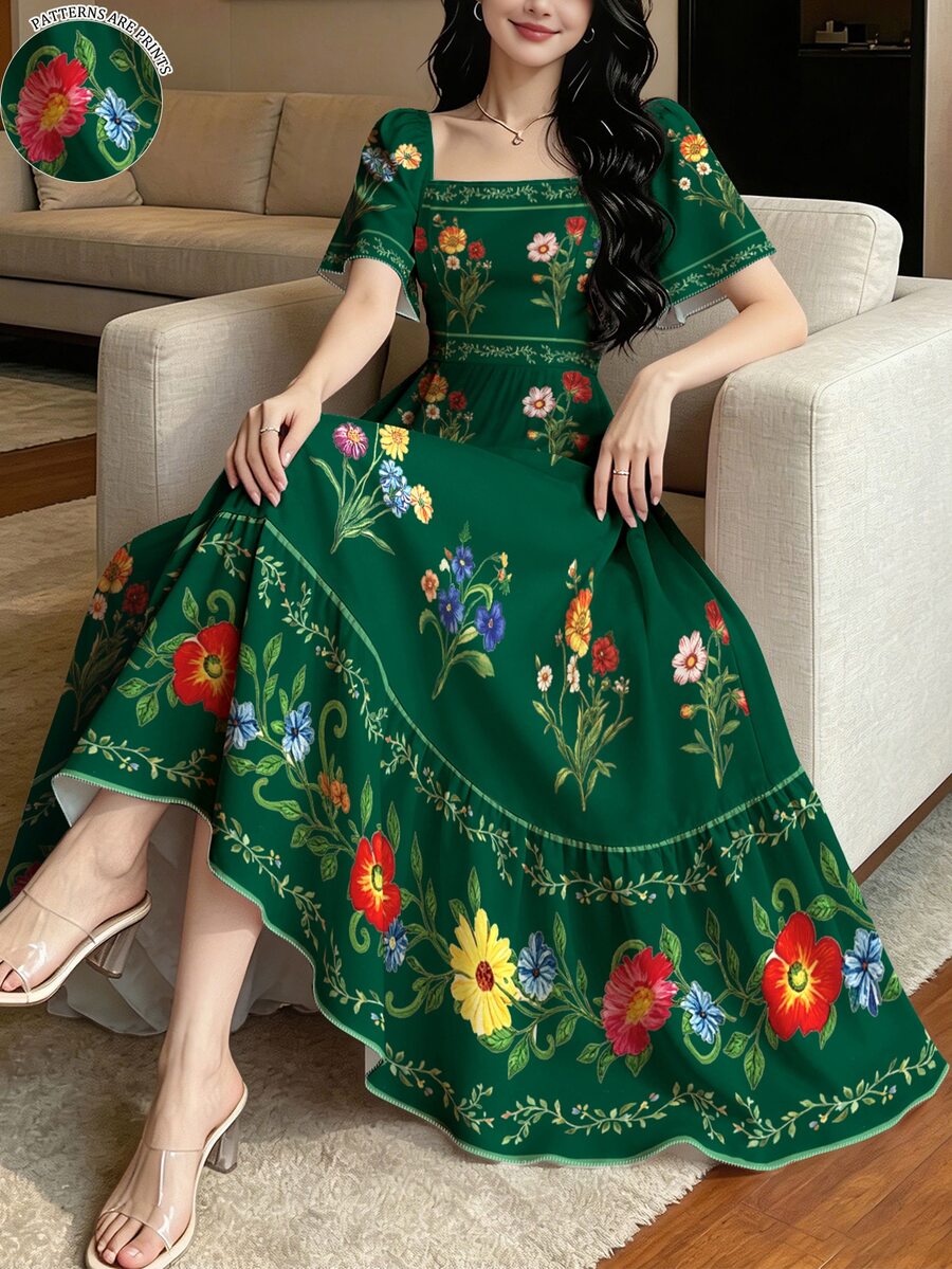 Modelyn 女款花卉植物印花時尚方領大喇叭袖短袖洋裝,夏季收腰中長洋裝,花卉圖案深綠色長洋裝 - 彩色 - 查看 1