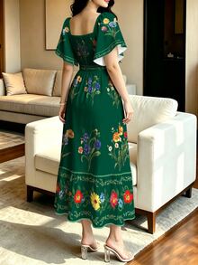 Modelyn 女款花卉植物印花時尚方領大喇叭袖短袖洋裝，夏季收腰中長洋裝，花卉圖案深綠色長洋裝 - 彩色 - 查看 2