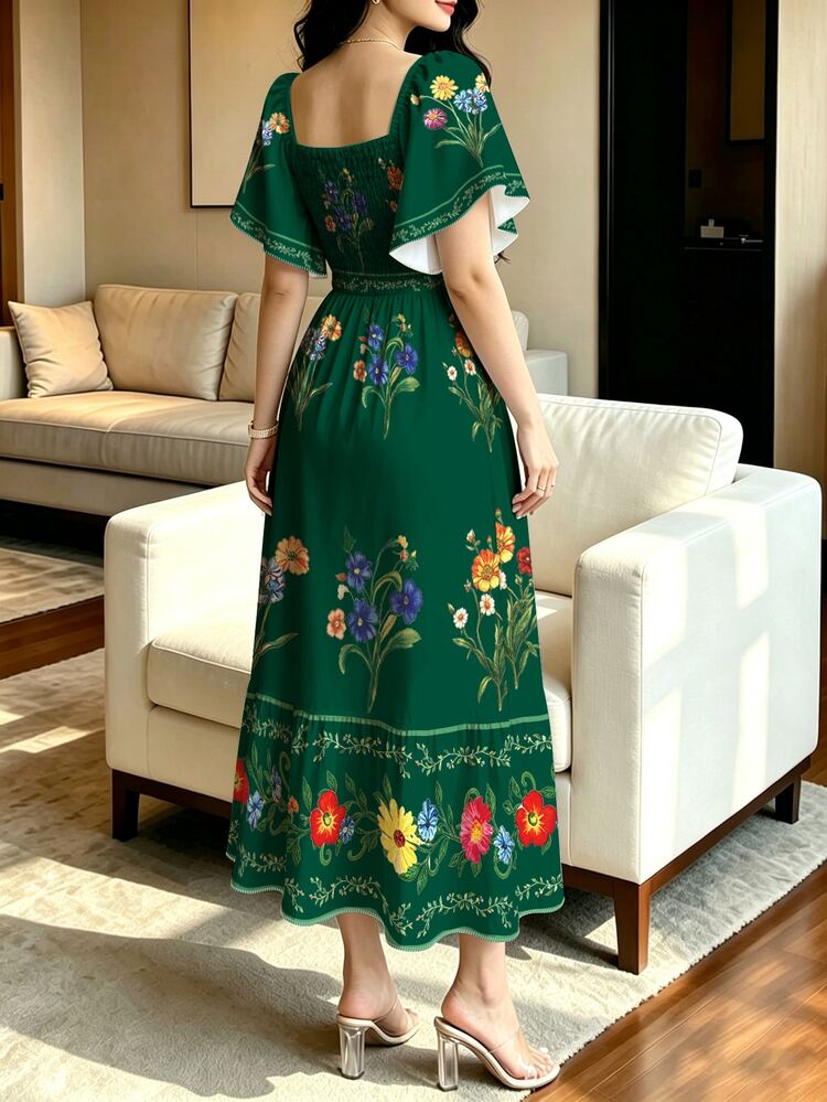 Modelyn Women's Floral Plant Print Fashion Square Neck Large Bell Sleeve Cap Sleeve Dress, Summer Waist-Cinching Mid-Length Dress, Floral Pattern Dark Green Long Dress - Multicolor - View 2