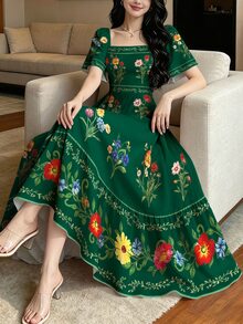 Modelyn 女款花卉植物印花時尚方領大喇叭袖短袖洋裝，夏季收腰中長洋裝，花卉圖案深綠色長洋裝 - 彩色 - 查看 3