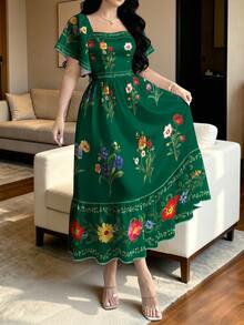 Modelyn 女款花卉植物印花時尚方領大喇叭袖短袖洋裝，夏季收腰中長洋裝，花卉圖案深綠色長洋裝 - 彩色 - 查看 4