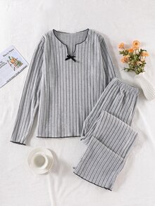 Teen Girls 2-Piece Lounge Set, Brushed Ribbed Long Sleeve Top Long Pants, V-Neck Frill Trim Bow Detail, Soft Elastic Fabric, Sweet Cute Autumn - Grey - View 3