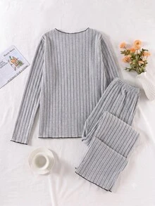 Teen Girls 2-Piece Lounge Set, Brushed Ribbed Long Sleeve Top Long Pants, V-Neck Frill Trim Bow Detail, Soft Elastic Fabric, Sweet Cute Autumn - Grey - View 2
