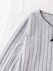 Teen Girls 2-Piece Lounge Set, Brushed Ribbed Long Sleeve Top Long Pants, V-Neck Frill Trim Bow Detail, Soft Elastic Fabric, Sweet Cute Autumn - Grey - View 5