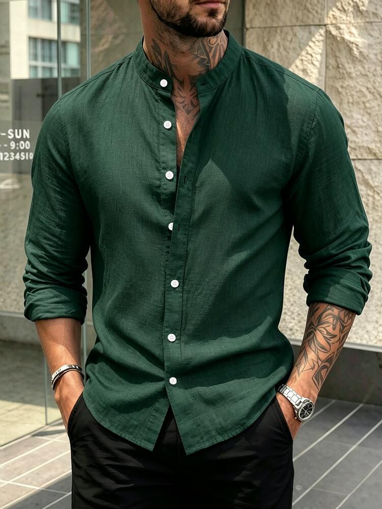 Manfinity Homme Men's Solid Color Long Sleeve Single-Breasted Casual Commuter Shirt - Dark Green - View 4