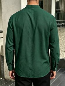 Manfinity Homme Men's Solid Color Long Sleeve Single-Breasted Casual Commuter Shirt - Dark Green - View 2
