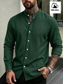 Manfinity Homme Men's Solid Color Long Sleeve Single-Breasted Casual Commuter Shirt - Dark Green - View 1