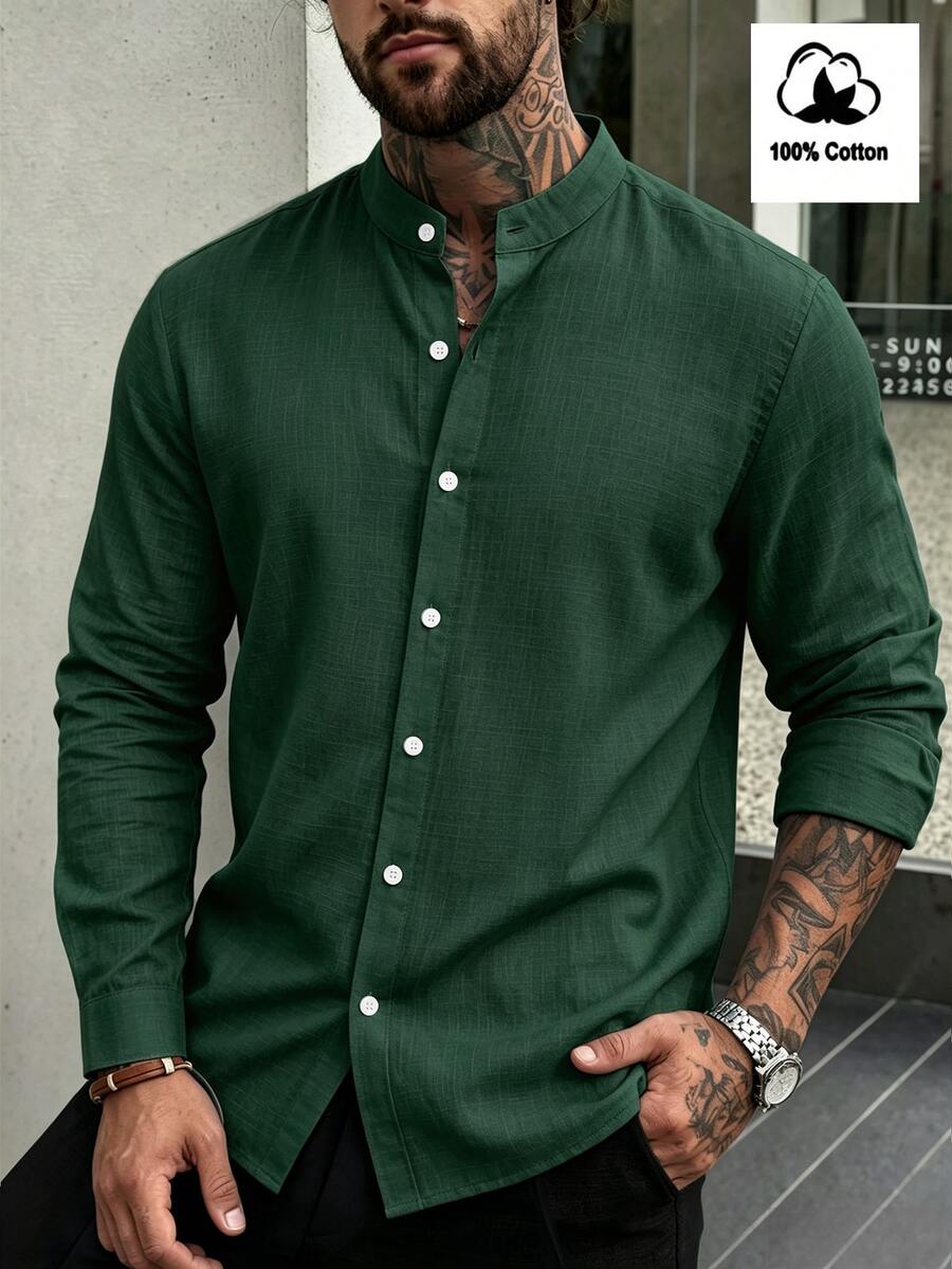 Manfinity Homme Men's Solid Color Long Sleeve Single-Breasted Casual Commuter Shirt - Dark Green - View 1