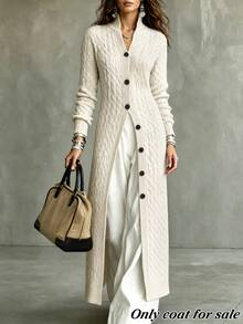 LUMIGAL Autumn/Winter New Women's Cardigan Sweater, Cable Knit Vertical Ribbed Texture, Semi-High Stand Collar, Single-Breasted Black Round Buttons, Fitted Long Sleeve Long Length Over-The-Knee Slim Fit - Beige - View 3