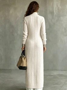 LUMIGAL Autumn/Winter New Women's Cardigan Sweater, Cable Knit Vertical Ribbed Texture, Semi-High Stand Collar, Single-Breasted Black Round Buttons, Fitted Long Sleeve Long Length Over-The-Knee Slim Fit - Beige - View 2