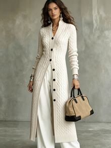 LUMIGAL Autumn/Winter New Women's Cardigan Sweater, Cable Knit Vertical Ribbed Texture, Semi-High Stand Collar, Single-Breasted Black Round Buttons, Fitted Long Sleeve Long Length Over-The-Knee Slim Fit - Beige - View 6