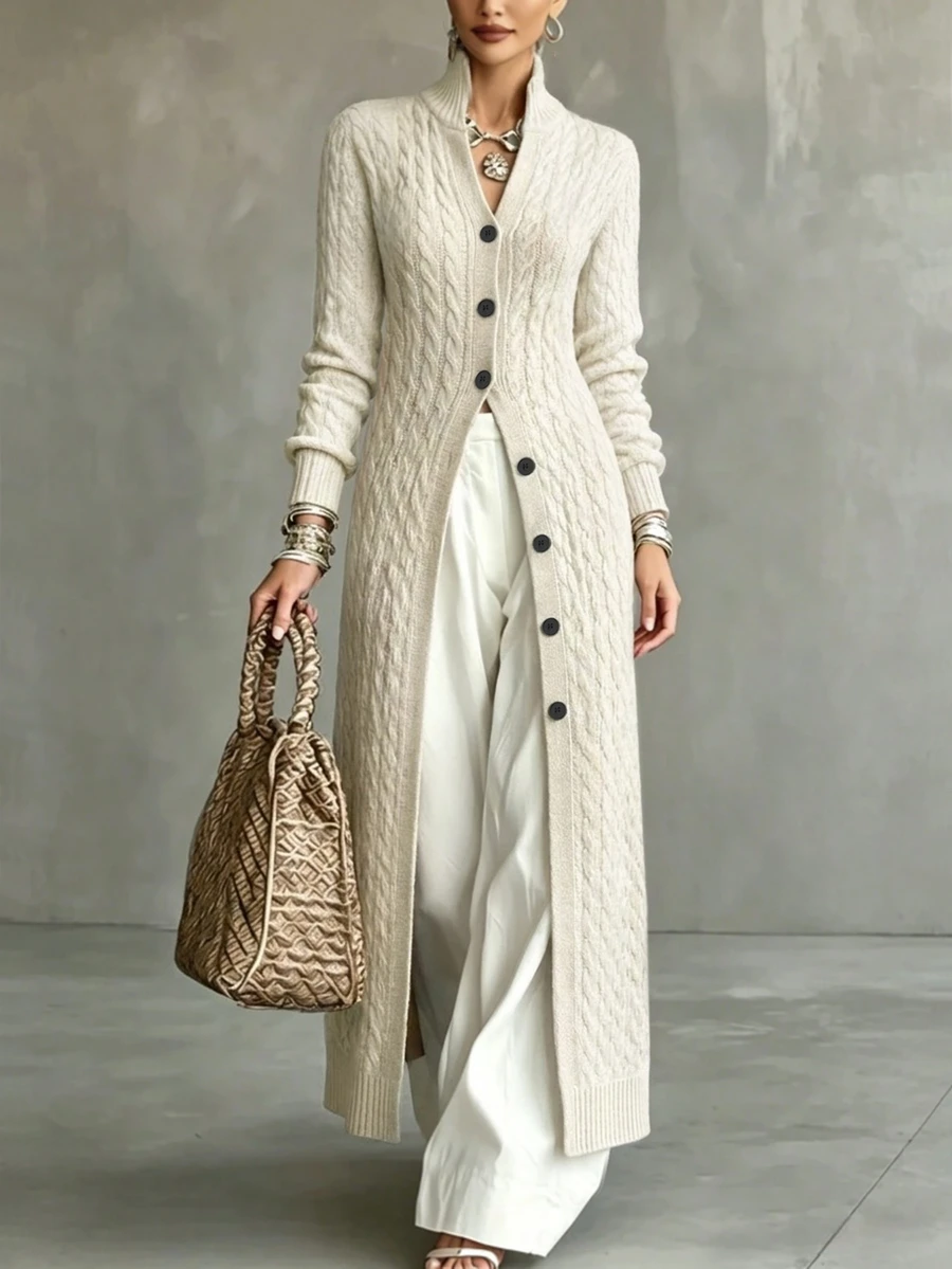 LUMIGAL Autumn/Winter New Women's Cardigan Sweater, Cable Knit Vertical Ribbed Texture, Semi-High Stand Collar, Single-Breasted Black Round Buttons, Fitted Long Sleeve Long Length Over-The-Knee Slim Fit - Beige - View 1