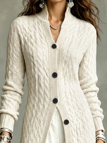 LUMIGAL Autumn/Winter New Women's Cardigan Sweater, Cable Knit Vertical Ribbed Texture, Semi-High Stand Collar, Single-Breasted Black Round Buttons, Fitted Long Sleeve Long Length Over-The-Knee Slim Fit - Beige - View 7