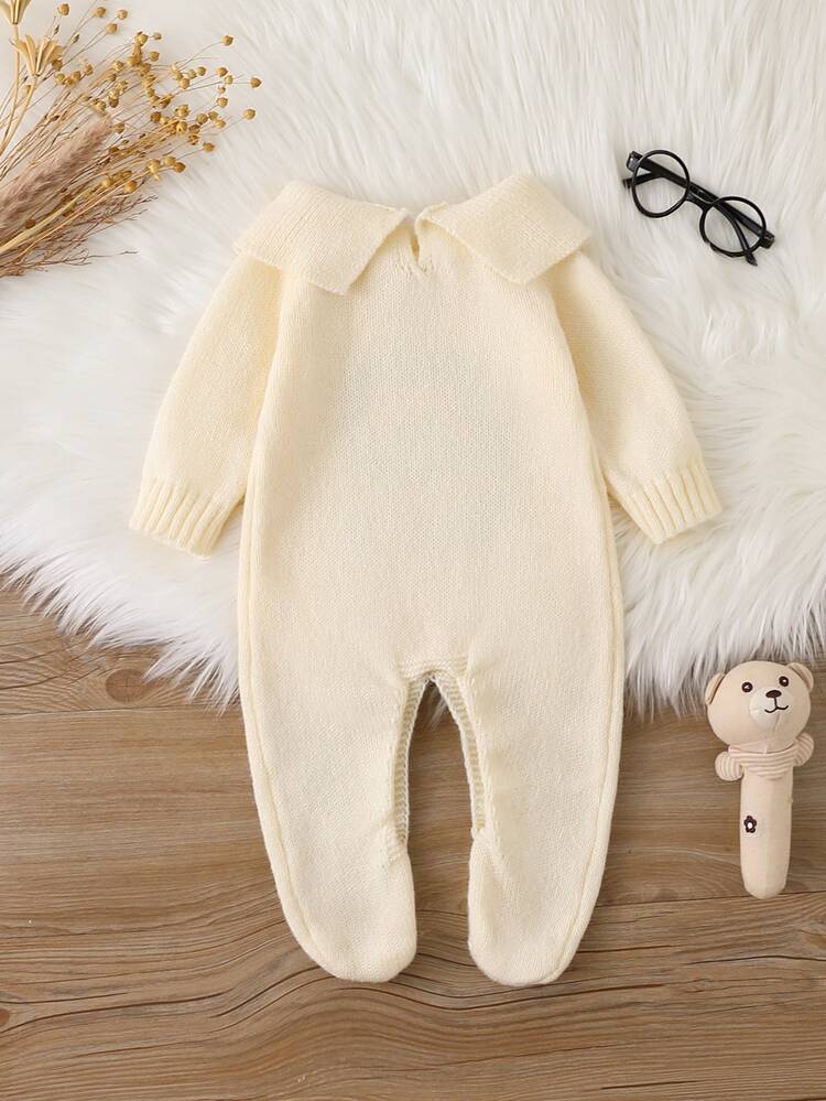 SHEIN 新生兒嬰兒毛衣式連身衣附襪子，彼得潘領＋精緻刺繡，長袖小紳士風，百搭日常爬行套裝 - 米色 - 查看 2
