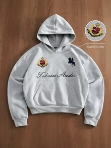 TOKVUE 男士連帽衛衣，字母徽章馬刺繡工藝，精緻3D圖案刺繡，灰色連帽運動衫，美式復古寬鬆版型，休閒舒適百搭，適合外出、通勤、街拍、旅行、度假、日常穿著等多種場合 - 灰色 - 查看 1
