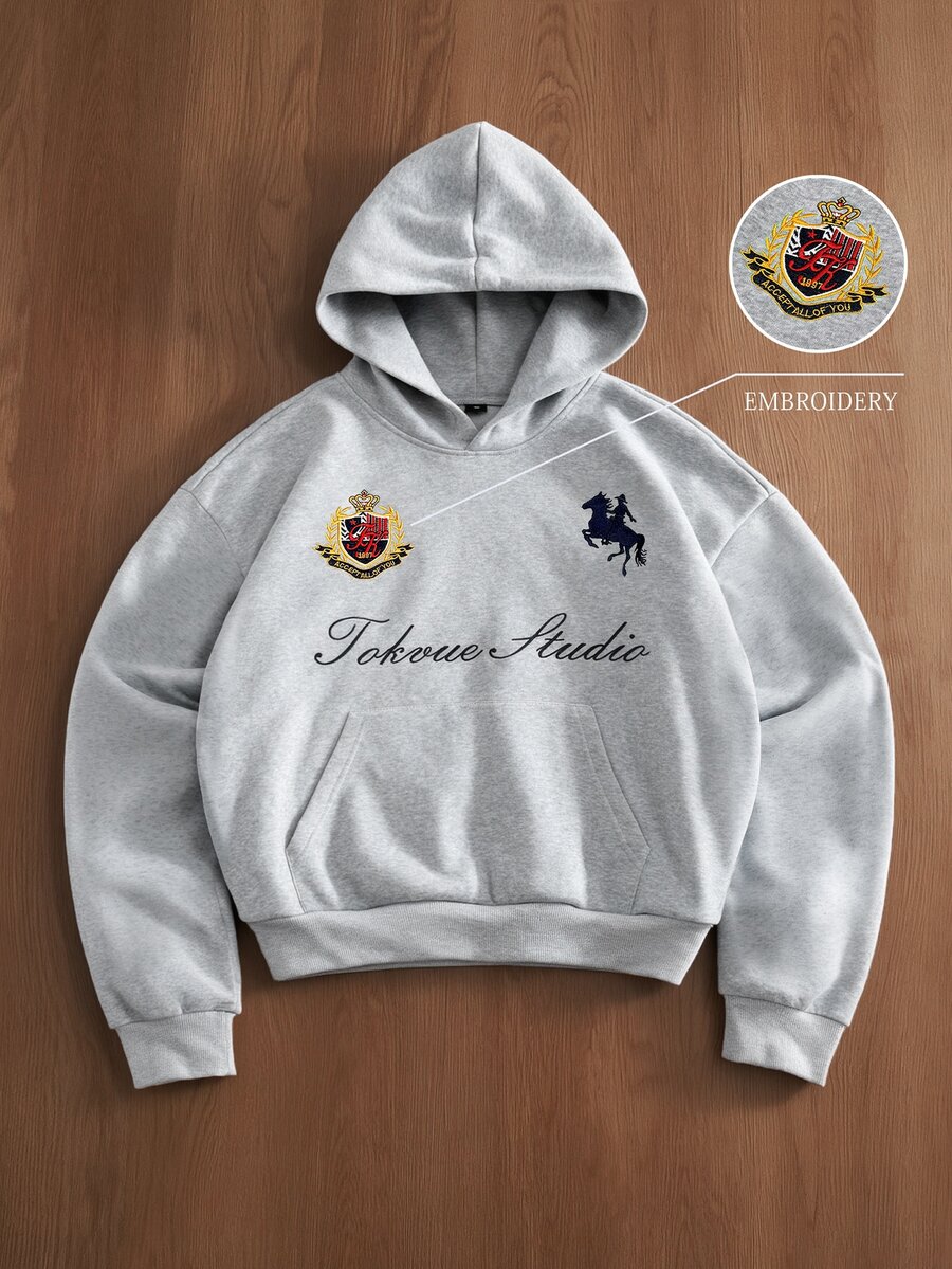 TOKVUE 男士連帽衛衣,字母徽章馬刺繡工藝,精緻3D圖案刺繡,灰色連帽運動衫,美式復古寬鬆版型,休閒舒適百搭,適合外出、通勤、街拍、旅行、度假、日常穿著等多種場合 - 灰色 - 查看 1