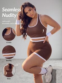 Slayform Women's Plus Size Trimmed Cropped Halter Neck Sports Tank Top - Coffee Brown - View 1