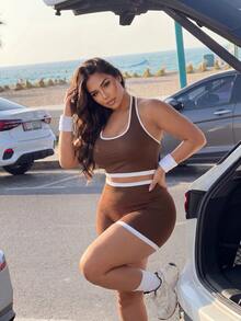 Slayform Women's Plus Size Trimmed Cropped Halter Neck Sports Tank Top - Coffee Brown - View 6