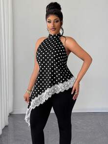 Maweii Plus-Size Women's Polka Dot Lace-Up Sleeveless Asymmetrical Hem Shirt - Black - View 6