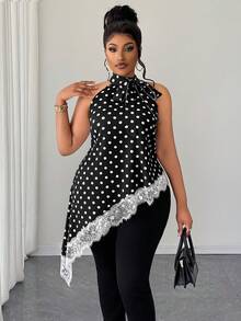 Maweii Plus-Size Women's Polka Dot Lace-Up Sleeveless Asymmetrical Hem Shirt - Black - View 5