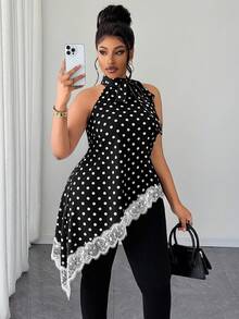 Maweii Plus-Size Women's Polka Dot Lace-Up Sleeveless Asymmetrical Hem Shirt - Black - View 1