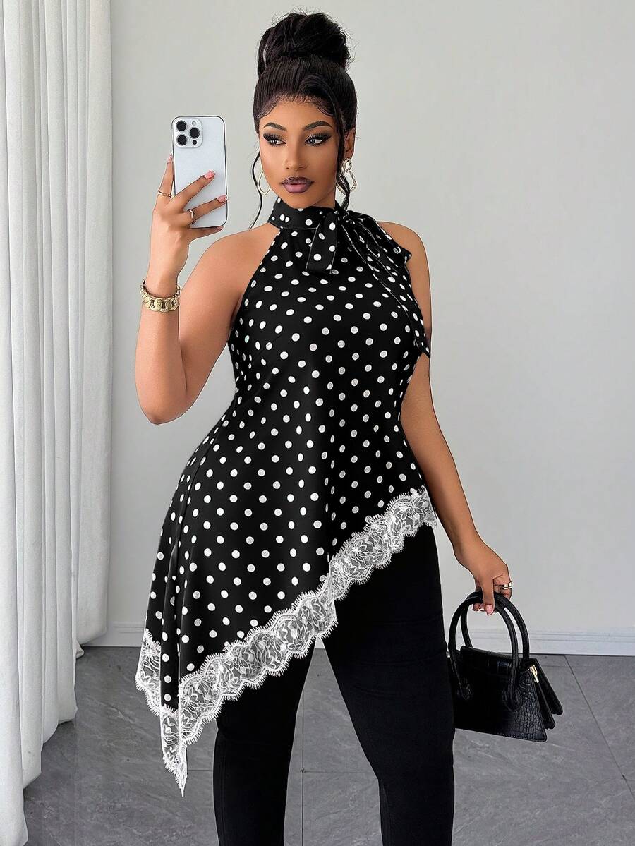 Maweii Plus-Size Women's Polka Dot Lace-Up Sleeveless Asymmetrical Hem Shirt - Black - View 1