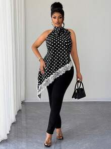 Maweii Plus-Size Women's Polka Dot Lace-Up Sleeveless Asymmetrical Hem Shirt - Black - View 3