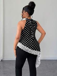Maweii Plus-Size Women's Polka Dot Lace-Up Sleeveless Asymmetrical Hem Shirt - Black - View 2