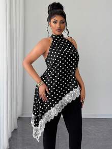 Maweii Plus-Size Women's Polka Dot Lace-Up Sleeveless Asymmetrical Hem Shirt - Black - View 4
