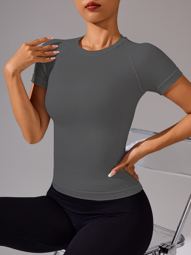 Eassivo Eassivo Women's Seamless Solid Color Minimalist Sports T-Shirt, Suitable For Yoga And Workout Compression Shirt Fitted Shirt Gym Shirts - Grey - View 4