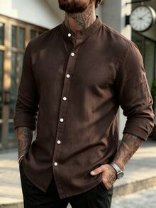 Manfinity Homme Men's Minimalist Casual Versatile Single-Breasted Long Sleeve Shirt For Office Vacation Holiday And Commute Coffee Brown Autumn - Coffee Brown - View 4