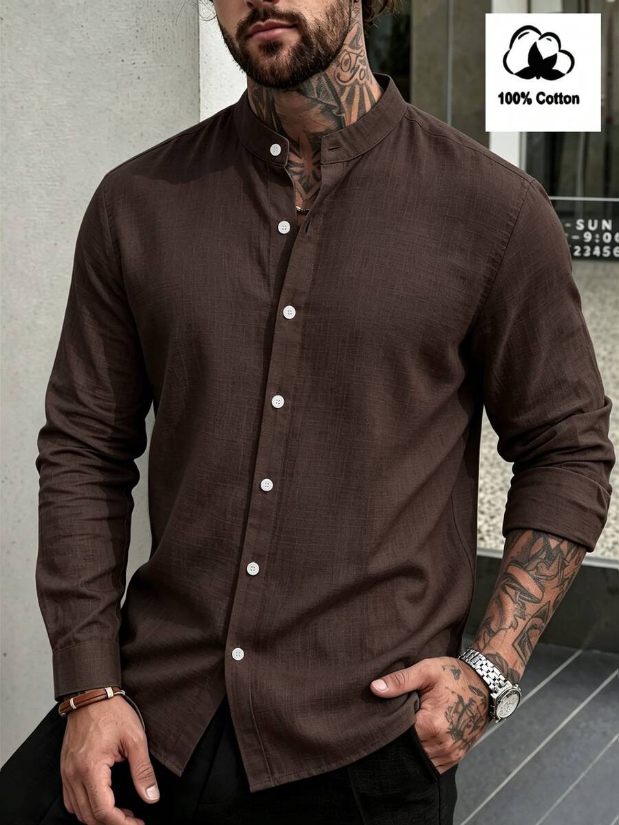 Manfinity Homme Men's Minimalist Casual Versatile Single-Breasted Long Sleeve Shirt For Office Vacation Holiday And Commute Coffee Brown Autumn - Coffee Brown - View 1