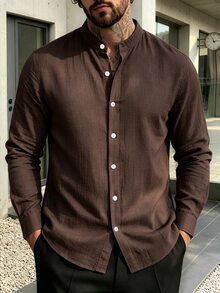 Manfinity Homme Men's Minimalist Casual Versatile Single-Breasted Long Sleeve Shirt For Office Vacation Holiday And Commute Coffee Brown Autumn - Coffee Brown - View 5