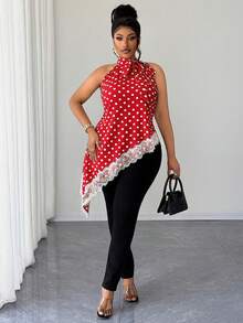 Maweii Plus-Size Women's Polka Dot Lace-Up Sleeveless Asymmetrical Hem Shirt - Red - View 3