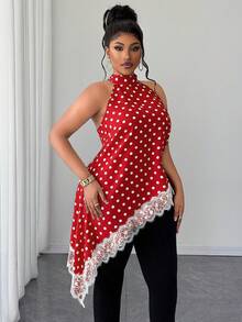 Maweii Plus-Size Women's Polka Dot Lace-Up Sleeveless Asymmetrical Hem Shirt - Red - View 4