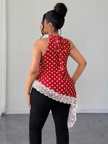 Maweii Plus-Size Women's Polka Dot Lace-Up Sleeveless Asymmetrical Hem Shirt - Red - View 2