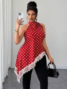 Maweii Plus-Size Women's Polka Dot Lace-Up Sleeveless Asymmetrical Hem Shirt - Red - View 1