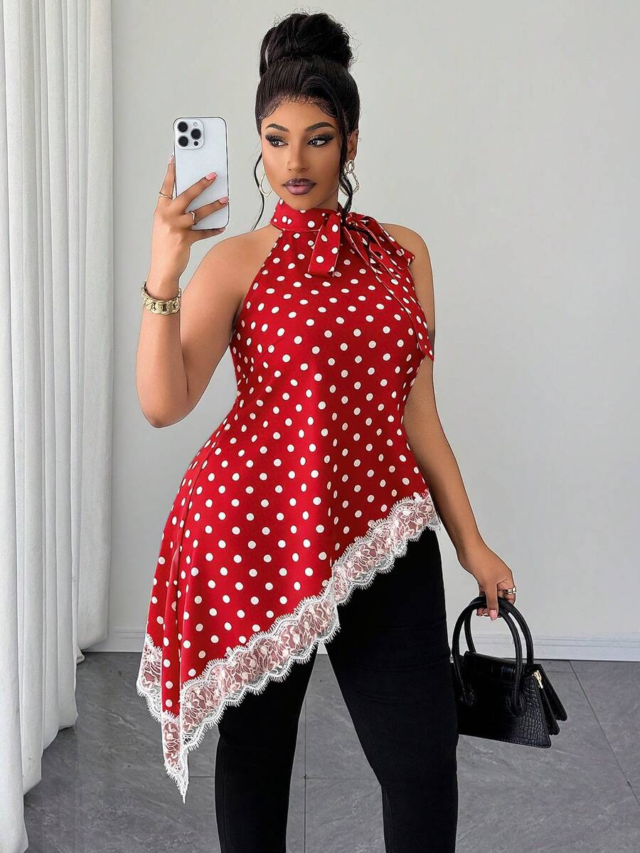 Maweii Plus-Size Women's Polka Dot Lace-Up Sleeveless Asymmetrical Hem Shirt - Red - View 1