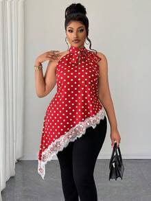 Maweii Plus-Size Women's Polka Dot Lace-Up Sleeveless Asymmetrical Hem Shirt - Red - View 5