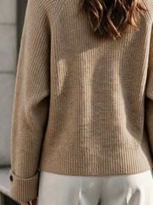 SHEIN LUNE Ribbed Knit Crew Neck Raglan Long Sleeve Folded Button Cuff Loose Short Pullover Sweater For Women, Minimalist Boho Casual Brunch Khaki Fall - Camel - View 6